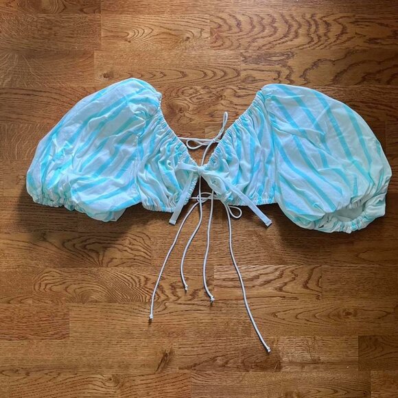 For Love And Lemons Tops - For Love & Lemons Women's Blue and White Blouse Crop Top Linen Tie Open Back